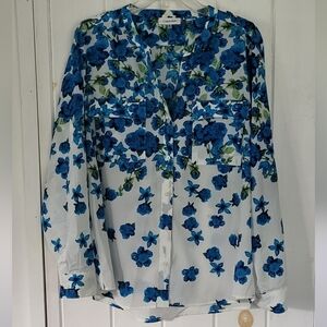 Calvin Klein Split Neck Long Sleeve Roll Tab Blouse